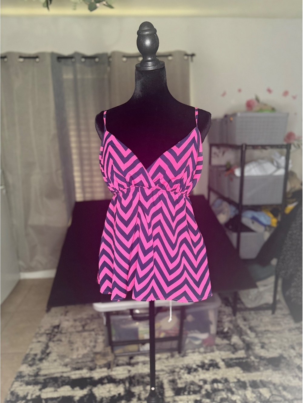 rue21 Pink and Black Chevron Striped Spaghetti Strap Tank